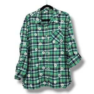 Vintage‎ Chic Comfort Daisy Plaid Button Down Shirt Long Sleeve Boho Green 2X